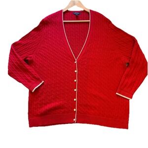 Lands End Red Gold Trim Sparkle Women's Cable Knit Button Cardigan 3X